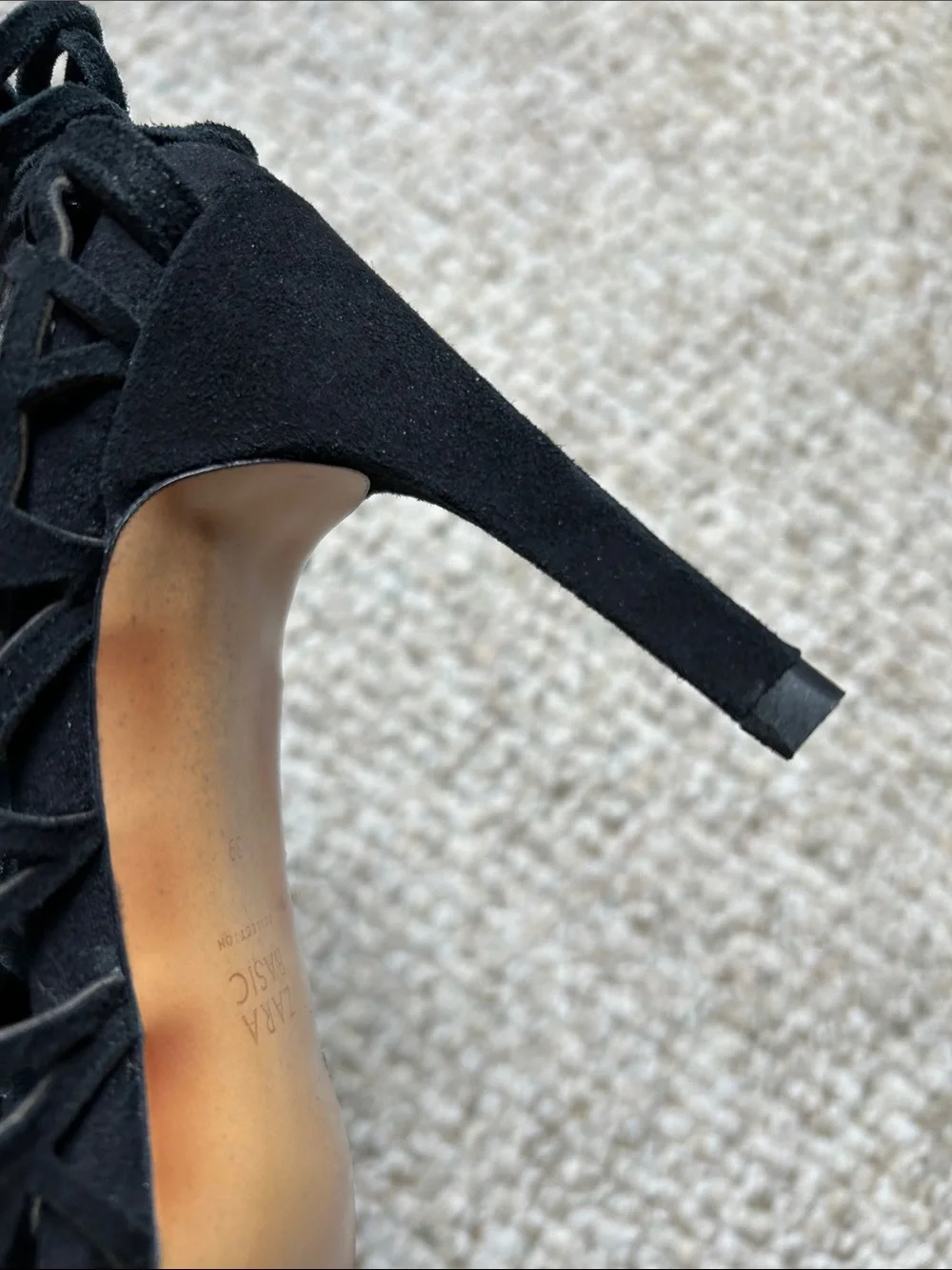 Zara Black Laser-Cut Lace-Up Peep-Toe Heels